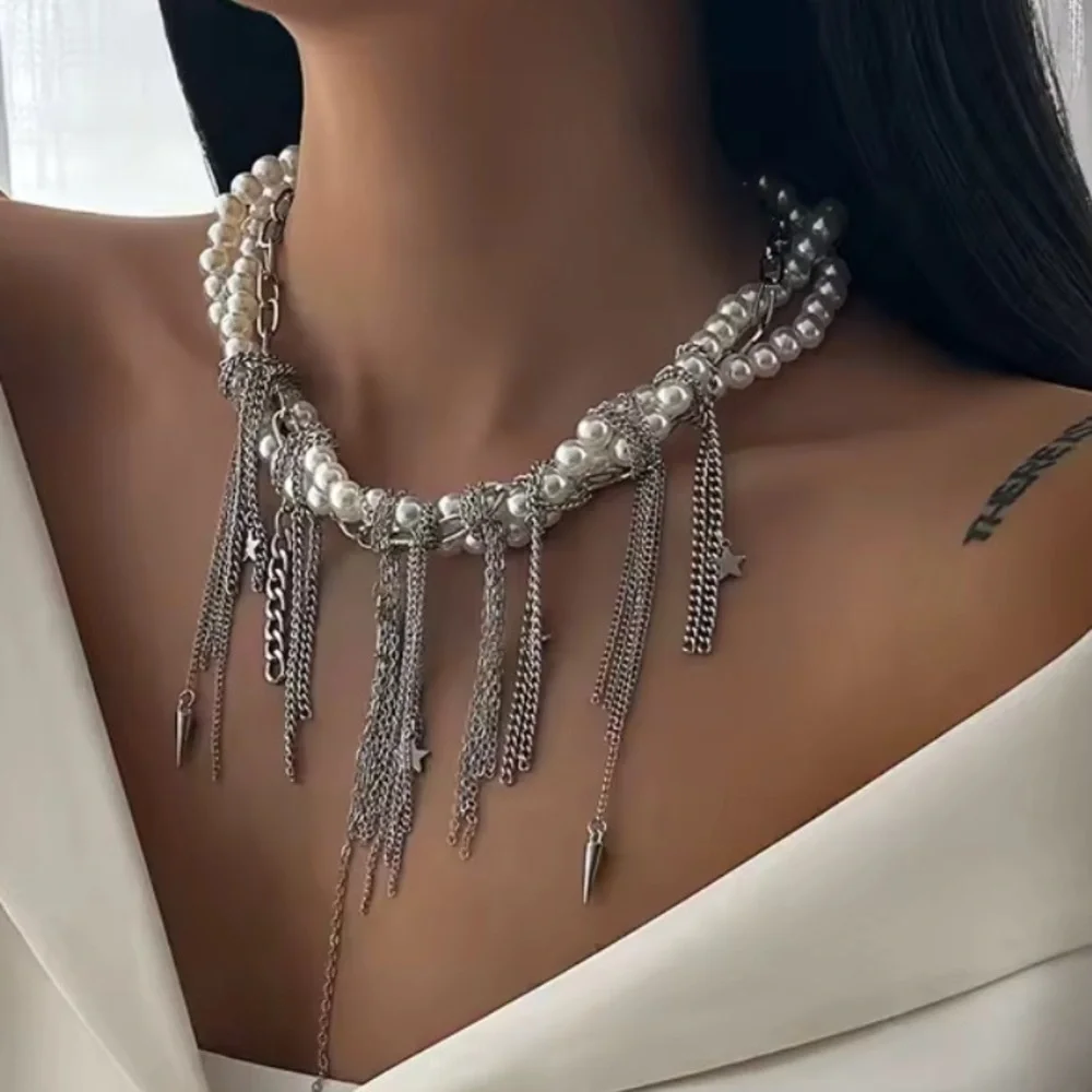 Pearl Silver Chain Statement NecklaceLayered Chunky Choker Jewelry